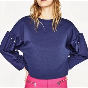 ZARA NAVY FAUX PEARL EMBELLISHED BLOUSE SIZE SM